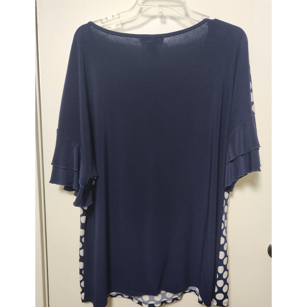 Emma & Olive Navy Blue White Polka Dot Scoop Neck‎ Ruffle Short Sleeve Blouse 3X - Picture 5 of 8
